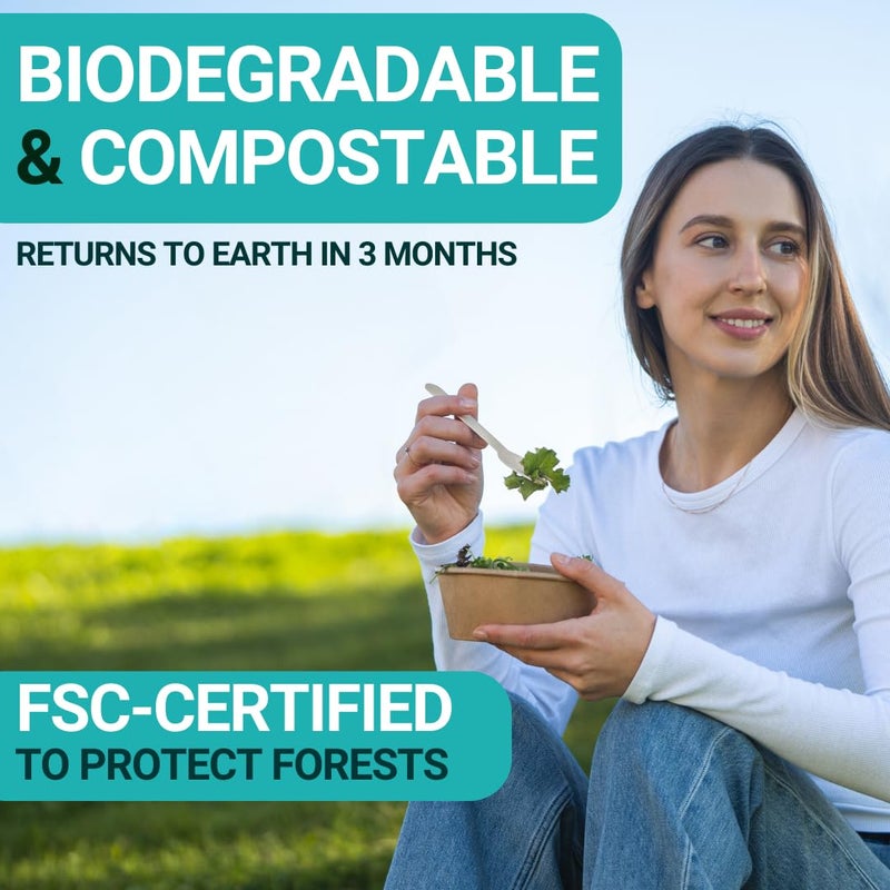 EarthClusive 300pcs Disposable Wooden Cutlery Set (150 Forks, 100 Spoons, 50 Knives) Our Heavy Duty Compostable Wood Utensils is FSC Certified Protecting Forests. Zero Plastic Cutlery For Any Occasion - Image 5